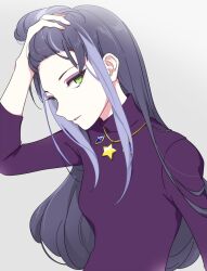  1girl adjusting_hair aikatsu!_(series) aikatsu_stars! arm_up bad_id bad_twitter_id black_hair breasts colored_eyelashes green_eyes grey_background hand_on_own_head highres jewelry long_hair long_sleeves looking_at_viewer necklace parted_lips purple_hair purple_sweater shiontaso sidelocks simple_background small_breasts smile solo star_(symbol) star_necklace sweater upper_body yachigusa_momoko 