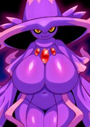  1girl :3 alternate_breast_size breasts closed_mouth colored_sclera colored_skin cowboy_shot creatures_(company) curvy female_focus floating furry game_freak gen_4_pokemon ghost_girl hat huge_breasts jewelry looking_at_viewer mismagius navel nintendo no_nipples no_pussy pokemon pokemon_(creature) purple_skin purple_theme red_eyes siglk simple_background slit_pupils solo thighs witch_hat yellow_sclera 