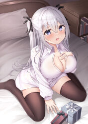  1girl absurdres bed_sheet black_ribbon black_thighhighs blue_eyes book bookshelf breasts cleavage gift grey_hair hand_on_bed hand_on_own_chest hanonokusa highres large_breasts on_bed original pillow ribbon shirt thighhighs two_side_up white_shirt 