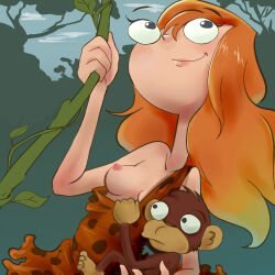  1girl animal animal_print black_eyes blush breasts candace_gertrude_flynn clothes_pull cloud collarbone disney dress dress_pull leopard_print long_hair looking_up monkey nipples oira_wa_arumajiro orange_dress orange_hair phineas_and_ferb plant print_dress pulling_another&#039;s_clothes sky small_breasts smile swinging tree tribal vines 