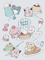  :3 :d :o blue_eyes bottle bow bread bread_slice cherry clefairy closed_eyes coffee_mug commentary creatures_(company) cup egg english_commentary english_text fangs fidough food fruit game_freak gelatin gen_1_pokemon gen_2_pokemon gen_6_pokemon grey_background highres ice_cream ice_cream_float icing jigglypuff latte_art looking_at_viewer lying macaron marill milk_bottle mug nintendo no_humans on_back open_mouth pancake pastry_bag pink_bow plate pokemon pokemon_(creature) pudding saucer simple_background slurpuff smile speech_bubble spoon strawberry sumi_fms swirlix toast tongue tongue_out whipped_cream 