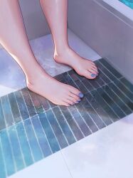  1girl barefoot bathroom bathtub blue_nails feet feet_only foot_focus indoors nail_polish original out_of_frame qizhu shadow solo standing toenail_polish toenails toes 