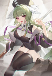  1girl absurdres arknights bare_shoulders bird_girl black_hat black_romper black_thighhighs blunt_bangs blush breasts chinese_commentary chromatic_aberration commentary_request covered_navel darling0221 feather_hair feathers green_hair hat hat_feather head_wings highres holding id_card jacket long_hair looking_at_viewer medium_breasts poncirus_(arknights) purple_eyes shirt sidelocks skindentation sleeveless sleeveless_shirt solo thighhighs thighs white_feathers wings 