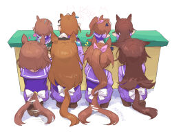  5girls agnes_digital_(umamusume) animal_ears artist_name bow brown_hair character_doll clothing_cutout commentary_request doll ear_ornament earrings ears_down holding holding_doll horse_ears horse_girl horse_tail jewelry long_sleeves mukakin multiple_girls pink_bow pleated_skirt puppet puppet_show purple_serafuku purple_shirt purple_skirt sailor_collar school_uniform serafuku shirt simple_background single_earring sirius_symboli_(umamusume) skirt symboli_rudolf_(umamusume) table tail tail_through_clothes tail_wagging tokai_teio_(umamusume) tracen_school_uniform tsurumaru_tsuyoshi_(umamusume) umamusume white_background white_bow winter_uniform 