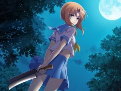  1girl blue_eyes full_moon hashitsuki_nata hatchet highres higurashi_no_naku_koro_ni moon nata_(tool) ryuuguu_rena school_uniform serafuku  rating:Sensitive score:3 user:ani2ero