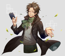  1boy black_coat black_pants book braid brown_hair chinese_commentary coat commentary_request copyright_name cowboy_shot green_scarf grey_background grey_sweater grin harada_minoru highres holding holding_book inari09 looking_at_viewer male_focus open_clothes open_coat pants parted_bangs partially_translated red_eyes ribbed_sweater saibou_shinkyoku scar scar_on_face scar_on_forehead scarf side_braid single_braid smile solo sweater translation_request 
