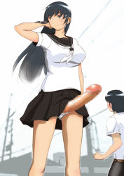  1boy 1girl black_hair breasts censored erection futa_with_male futanari giant giantess large_breasts large_penis long_hair mosaic_censoring panah penis public_indecency school_uniform size_difference smile  rating:Explicit score:37 user:universe451