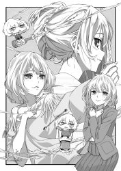  10s 1girl alcohol bare_shoulders beer chibi expressions greyscale highres idolmaster idolmaster_cinderella_girls looking_at_viewer mole mole_under_eye monochrome short_hair smile takagaki_kaede thesale 