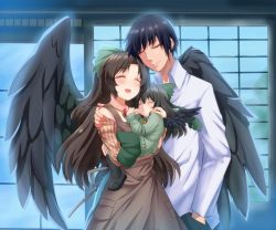  1boy 2girls apron avaloki black_hair bow brown_hair child commentary commission closed_eyes father_and_daughter hair_bow kokuu_haruto long_hair mother_and_daughter multiple_girls reiuji_utsuho skirt sleeping smile sweater touhou wings 