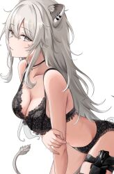  1girl animal_ear_piercing animal_ears bare_shoulders black_bra black_panties bra breasts c1p122 cleavage closed_mouth collarbone commentary from_side grey_eyes grey_hair gun hair_between_eyes highres holding_own_arm hololive holster jewelry lace lace-trimmed_bra lace-trimmed_panties lace_trim large_breasts leaning_forward lingerie lion_ears lion_girl lion_tail long_hair looking_at_viewer necklace panties shishiro_botan simple_background solo symbol-only_commentary tail thigh_holster underwear underwear_only virtual_youtuber weapon white_background  rating:Sensitive score:36 user:danbooru