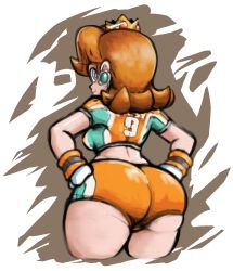 1girl ass blue_eyes brachyartz breasts brown_background brown_hair closed_mouth crop_top crown earrings flower_earrings from_behind gloves hands_on_own_hips highres huge_ass jewelry looking_back mario_(series) medium_breasts midriff nintendo princess_daisy short_hair short_sleeves shorts smile solo sportswear super_mario_strikers transparent_background rating:Questionable score:72 user:DarkToonLink