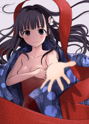  1girl black_hair blue_kimono blurry blush breasts covering_breasts covering_privates depth_of_field flower foreshortening grey_background hair_flower hair_ornament hanamizawa_q-tarou highres hime_cut japanese_clothes kimono long_hair looking_at_viewer navel original outstretched_hand paid_reward_available print_kimono red_ribbon ribbon simple_background small_breasts smile solo 