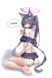 1girl absurdres animal_ear_fluff animal_ears ass bare_arms bare_legs bare_shoulders barefoot bikini black_bikini black_hair blue_archive blush breasts cat_ears extra_ears feet frilled_bikini frills ggz_(gguzal_95) hair_between_eyes halo highres korean_text long_hair official_alternate_costume pink_halo red_eyes serika_(blue_archive) serika_(swimsuit)_(blue_archive) simple_background small_breasts soles solo speech_bubble swimsuit toes twintails white_background