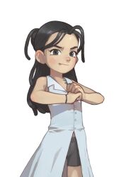  1girl aged_down bike_shorts black_eyes black_hair child closed_mouth coat dreadlocks fang fang_out fullmetal_alchemist izumi_curtis long_hair looking_at_viewer opossumachine simple_background sleeveless solo standing tattoo white_coat  rating:General score:19 user:SlothButler