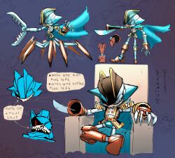  1boy alternate_costume artist_name black_sclera boots cape captain_metal character_sheet claws colored_sclera english_text eyepatch gun hat highres looking_at_viewer mechanical_parts metal_sonic multiple_legs one_eye pirate pirate_costume pirate_hat red_eye redesign robot seated siedaryth skull sonic_(series) sonic_the_hedgehog_(archie_comics) sword teeth variations weapon 