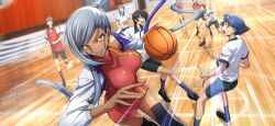  1girl 6+boys arm_up artist_request asymmetrical_hair ball basketball basketball_(object) basketball_court black_footwear black_hair black_thighhighs blue_hair blue_socks breasts brown_eyes code_geass code_geass:_lost_stories dark-skinned_female dark_skin dress dutch_angle faceless faceless_male female_focus game_cg green_shorts grey_hair grin hand_up happy high_ponytail highres holding holding_ball indoors jacket large_breasts lelouch_vi_britannia lipstick long_hair long_sleeves looking_at_another makeup multiple_boys non-web_source official_art open_clothes open_jacket people playing_sports purple_eyes purple_lips red_dress rivalz_cardemonde running shiny_skin shirt shoes short_dress short_hair short_sleeves shorts sleeveless sleeveless_dress smile socks solo_focus sparkle sweat teeth thighhighs thighs very_long_hair villetta_nu white_jacket white_shirt yellow_eyes zettai_ryouiki 
