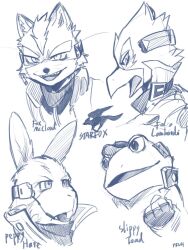  4boys animal_ears beak bird_boy body_fur character_name clenched_hand commentary english_commentary falco_lombardi fingerless_gloves fox_boy fox_ears fox_mccloud frog_boy furry furry_male gloves male_focus monochrome multiple_boys nintendo open_mouth peppy_hare pruh rabbit_boy rabbit_ears simple_background sketch slippy_toad star_fox upper_body white_background 