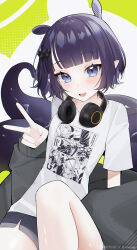  1girl :d absurdres blue_eyes blunt_bangs blush chromatic_aberration eyelashes film_grain fingernails hair_ornament headphones headphones_around_neck highres hololive hololive_english looking_at_viewer ninomae_ina&#039;nis open_mouth pointy_ears purple_hair reiko_lape shirt short_hair smile solo teeth tentacles twitter_username upper_teeth_only v virtual_youtuber white_shirt 