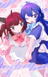  2girls :o ahoge alternate_costume apron arm_around_waist blue_bow blue_bowtie blue_dress blue_hair blush_stickers bow bowtie commentary_request dress enmaided fang grey_eyes hair_ornament hairclip hand_in_own_hair hand_on_another&#039;s_head hand_up headgear highres jitome long_hair looking_at_viewer maid maid_apron maid_headdress matching_outfits medium_hair multiple_girls one_eye_closed open_mouth otomachi_una outline pink_background pink_bow pink_bowtie pink_dress pink_hair plaid plaid_background puffy_short_sleeves puffy_sleeves purple_eyes shooting_star_(symbol) short_dress short_sleeves smile standing tenpibo_ramune touhoku_kiritan twintails vocaloid voiceroid white_apron white_outline 