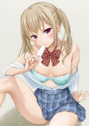  1girl aqua_bra areola_slip blue_skirt blush bow bowtie bra bra_pull breasts clothes_pull collarbone diagonal-striped_bow diagonal-striped_bowtie diagonal-striped_clothes food holding holding_food holding_popsicle knee_up light_brown_hair looking_at_viewer medium_breasts medium_hair miel_(lessontome) open_bra original parted_lips plaid plaid_skirt popsicle purple_eyes red_bow red_bowtie school_uniform shirt sitting skirt solo striped_clothes sweat twintails underwear white_shirt 