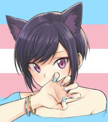  1other animal_ears black_hair bracelet cat_ears collarbone fingernails highres jewelry looking_at_viewer multicolored_nails nail_polish original other_focus pas&#039;_black-haired_catperson pas_(paxiti) purple_eyes sharp_fingernails short_hair solo transgender_flag upper_body  rating:Sensitive score:47 user:danbooru