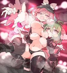  2girls :d animal_ears bird_ears black_footwear black_gloves black_headwear black_panties black_skirt black_thighhighs black_wristband blurry blurry_background blush boots bow breasts bright_pupils buttoned_cuffs choujuu_gigaku clothes_lift commentary_request commission concert dog_ears dog_tail dynamic_pose fang flying_sweatdrops frilled_sleeves frills furrowed_brow gloves green_eyes green_hair hair_between_eyes hair_bow hat heart heart-shaped_pupils jacket kasodani_kyouko large_breasts leaning_back leaning_on_person leaning_to_the_side leather leather_boots leather_jacket leather_panties looking_at_viewer massakasama medium_hair miniskirt multi-strapped_panties multiple_girls mystia_lorelei navel nipples no_bra open_mouth panties pink_eyes pink_hair pout raised_eyebrows shirt skeb_commission skirt smile spotlight squatting squinting steaming_body string_panties sweat symbol-shaped_pupils tail thighhighs touhou underboob underwear v white_gloves white_pupils wings wristband 