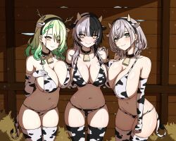  3girls absurdres animal_ears animal_print asymmetrical_docking bell bikini black_hair braid braided_bangs breast_press breasts ceres_fauna cleavage commentary cow_ears cow_girl cow_horns cow_print cow_print_bikini cow_print_gloves cow_print_thighhighs cowbell daydarion english_commentary gloves gradient_hair green_eyes green_hair grey_hair hand_on_another&#039;s_shoulder hand_on_own_chest hay highres hololive hololive_english horns huge_breasts large_breasts long_hair looking_at_viewer multicolored_hair multiple_girls navel paid_reward_available print_bikini print_gloves print_thighhighs shiori_novella shirogane_noel smile split-color_hair swimsuit thighhighs thighs virtual_youtuber yellow_eyes 