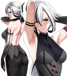  1girl arlecchino_(genshin_impact) armpits arms_behind_head arms_up backless_outfit black_bodysuit black_eyes black_gloves black_hair bodysuit breasts closed_mouth commentary fingernails genshin_impact gloves hair_between_eyes hair_lift halterneck highres jewelry large_breasts lifted_by_self long_fingernails long_hair looking_at_viewer multicolored_hair multiple_views red_pupils ring streaked_hair symbol-shaped_pupils white_background white_hair x-shaped_pupils xter  rating:Sensitive score:65 user:danbooru