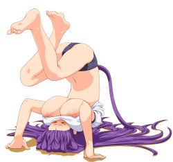 &gt;_&lt; 1girl animal_ears asobi_ni_iku_yo! ass barefoot blush breasts breasts_on_face cat_ears cat_tail clothes_lift extra_ears closed_eyes feet hairline headstand huge_breasts inconvenient_breasts kuune long_hair mnjs navel nipple_slip nipples no_bra purple_hair shadow shirt_lift short_shorts shorts soles solo tail toes upside-down rating:Questionable score:186 user:danbooru