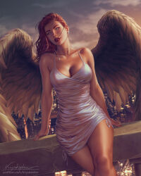  1girl breasts brown_hair city cleavage commentary dc_comics dress english_commentary evening feathered_wings hawkgirl highres jewelry justice_league krystopher_decker large_breasts legs_together microdress necklace on_railing paid_reward_available parted_lips patreon_username railing realistic red_lips shayera_hol signature sitting solo thighs tight_clothes tight_dress wings 