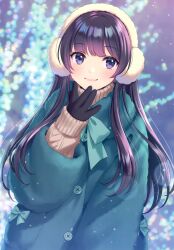  1girl absurdres blurry blurry_background blush buttons closed_mouth coat earmuffs gloves hair_ornament hand_up highres lips long_hair long_sleeves morikura_en original purple_eyes purple_hair ribbon scan smile solo turtleneck upper_body winter_clothes winter_coat 