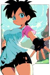  1girl absurdres bike_shorts black_hair blue_eyes border dragon_ball dragonball_z fingerless_gloves foxdropsdraws gloves hand_on_own_hip highres looking_at_viewer outside_border outstretched_arm short_hair solo standing sweat thigh_gap thighs torn_bike_shorts torn_clothes videl white_border 