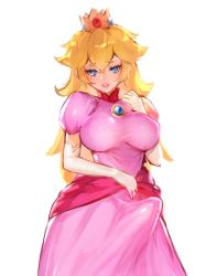  1girl bad_id bad_pixiv_id blonde_hair blue_eyes breasts bulge covered_erect_nipples crossed_bangs crown dress elbow_gloves erection erection_under_clothes futanari gloves hair_between_eyes impossible_clothes large_breasts lips long_hair looking_at_viewer mario_(series) nbo nintendo parted_lips pink_dress princess_peach puffy_short_sleeves puffy_sleeves short_sleeves simple_background solo standing white_background white_gloves 