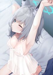  1girl absurdres alternate_costume animal_ear_fluff animal_ears arm_up armpits babydoll barefoot bed_sheet blue_archive blue_eyes blue_halo breasts commentary_request from_above grey_hair halo highres making-of_available medium_breasts medium_hair on_bed one_eye_closed outstretched_arm sasakichi_(ssk_chi) shiroko_(blue_archive) sitting solo variant_set waking_up wolf_ears 