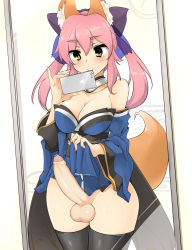  10s 1girl animal_ears bare_shoulders black_thighhighs blush bow breasts cellphone choker cleavage clock clothes_lift cowboy_shot detached_sleeves erection facing_viewer fate/extra fate_(series) foreskin fox_ears fox_tail full-package_futanari futanari hair_bow highres japanese_clothes large_breasts mirror momio penis phone pink_hair precum reflection ribbon sash selfie skirt skirt_lift smartphone solo source_request sparkle tail tamamo_(fate) tamamo_no_mae_(fate/extra) testicles thighhighs third-party_edit tsurime uncensored wide_sleeves yellow_eyes  rating:Explicit score:148 user:Nimji