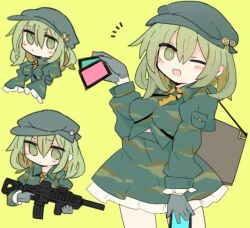 1girl 76gpo :d ability_card_(touhou) black_skirt boots box breasts brown_footwear camouflage camouflage_dress camouflage_headwear camouflage_jacket camouflage_shirt camouflage_skirt card cleavage commentary_request flat_cap gloves green_eyes green_gloves green_hair green_shirt green_skirt gun hand_on_headwear hat holding holding_card holding_weapon jacket key knees_up looking_at_viewer massakasama_(style) medium_breasts open_mouth partial_commentary shirt short_hair simple_background sitting skirt smile touhou weapon yamashiro_takane yellow_background
