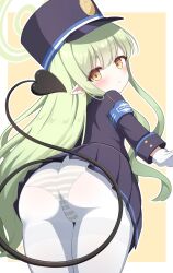  1girl annoyed armband ass bent_over black_hat black_tail blue_archive blue_armband demon_tail from_behind gloves green_eyes green_hair green_halo halo hat highlander_sidelocks_conductor_(blue_archive) huge_ass long_hair looking_at_viewer looking_back panties panties_under_pantyhose pantyhose pantyshot peaked_cap petite pleated_skirt pointy_ears simple_background skirt striped_clothes striped_panties tail thick_thighs thighs underwear white_gloves white_pantyhose yuchiberu 