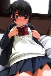  1girl bed black_hair black_jacket black_skirt blush bow bowtie brown_eyes hair_ornament hairclip highres jacket long_sleeves looking_at_viewer lying matsunaga_kouyou on_bed open_clothes open_jacket open_mouth panties panty_peek ponytail red_bow red_bowtie short_hair side_ponytail skirt sweater_vest underwear undressing white_panties white_sweater_vest window 