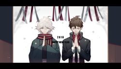  2018 2boys ahoge black_jacket black_kimono black_necktie brown_gloves brown_hair buttons closed_eyes closed_mouth coattails collared_jacket commentary danganronpa_(series) danganronpa_2:_goodbye_despair day english_text gloves green_eyes green_jacket hair_between_eyes haori happy_new_year high_collar highres hinata_hajime jacket japanese_clothes kimono komaeda_nagito layered_sleeves letterboxed light_smile long_sleeves looking_at_another looking_to_the_side male_focus messy_hair multiple_boys necktie new_year open_clothes open_jacket outdoors own_hands_together praying red_scarf sash scarf shirt short_hair shrine single_glove snowing straight-on striped_clothes striped_scarf symbol-only_commentary tree unagi_(nakaelric) upper_body waist_sash white_hair white_sash white_shirt wide_sleeves winter 