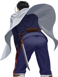  1boy ass black_hair blue_jacket cape feet_out_of_frame golden_kamuy hair_slicked_back hands_on_own_thighs highres jacket male_focus military_uniform murata_miku ogata_hyakunosuke short_hair simple_background solo standing sword uniform weapon white_cape 