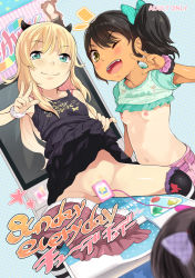 2girls ;d arcade_cabinet bad_id bad_pixiv_id black_hair blonde_hair bow breasts brown_eyes clothes_lift clothes_writing dark-skinned_female dark_skin dutch_angle english_text green_eyes hair_bow loli long_hair looking_at_viewer multiple_girls navel nipples no_panties noripachi one-piece_tan one_eye_closed open_mouth original over-kneehighs scrunchie shirt_lift side_ponytail skirt skirt_lift small_breasts smile spread_legs striped tan tanline thighhighs v wink rating:Questionable score:136 user:danbooru