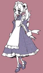 1girl apron bloody_marie_(skullgirls) brooch dress fire frilled_apron frilled_dress frills full_body hair_ornament jewelry juliet_sleeves long_sleeves looking_at_viewer maid_headdress puffy_sleeves red_background skull_hair_ornament skullgirls smile solo twintails walking