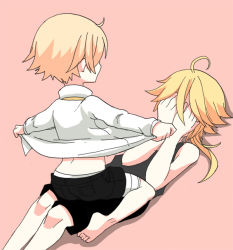  2boys age_difference bandages barefoot blonde_hair boy_on_top collared_shirt covering_face feet knees legs lying male_focus miza-sore multiple_boys oliver_(vocaloid) open_clothes open_shirt pink_background shirt short_shorts shorts shota simple_background sitting sitting_on_person size_difference soles toes vocaloid yohioloid  rating:Questionable score:12 user:violetnyx