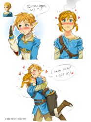  1boy 1girl :&lt; ass blonde_hair blush english_text fingerless_gloves gloves green_eyes head_steam heart highres hug lifting_person link mleth nintendo official_alternate_hairstyle pointy_ears ponytail princess_zelda prototype_design reference_inset short_hair smile speech_bubble the_legend_of_zelda the_legend_of_zelda:_tears_of_the_kingdom very_short_hair 