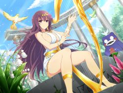  1girl ancient_greek_clothes bare_legs bare_shoulders barefoot bird bracelet breasts cleavage dress flower greco-roman_clothes greek harp highres instrument jewelry large_breasts legs long_hair looking_at_viewer murasaki_(senran_kagura) music necklace official_art playing_instrument purple_eyes purple_hair revealing_clothes senran_kagura short_dress sitting smile thick_thighs thighs tiara white_dress yaegashi_nan 