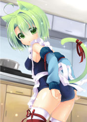  1girl adjusting_clothes adjusting_swimsuit ahoge animal_ears april apron arm_warmers arms_up ass breasts cat_ears cat_tail dodome-iro_mayonnaise doodome-iro_mayonnaise green_eyes green_hair hat indoors kitchen leg_ribbon looking_back matching_hair/eyes one-piece_swimsuit open_mouth original ribbon school_hat school_swimsuit sharon_marsh short_hair solo sweat swimming swimsuit swimsuit_under_clothes tail tail_ornament tail_ribbon thighhighs white_thighhighs 