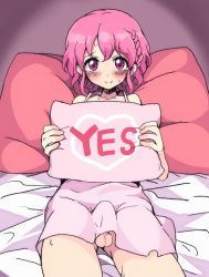  1boy bed_sheet blush braid bulge crossdressing dress embarrassed erection erection_under_clothes gradient_background reona_west looking_at_viewer lying male_focus motsuaki on_back penis penis_peek pillow pink_hair pretty_series pripara purple_eyes smile solo sundress sweat sweatdrop testicles trap yes-no_pillow  rating:Explicit score:231 user:danbooru
