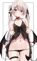 1girl :o abby_(toshizou) absurdres armlet bare_shoulders black_dress black_panties black_ribbon black_tail black_wings blush breasts cowboy_shot crossed_bangs demon_girl demon_tail demon_wings dress grey_hair hair_between_eyes hair_ribbon highres lifted_by_self long_hair looking_at_viewer low_wings navel original panties parted_lips pendant_choker pointy_ears red_eyes ribbon small_breasts solo standing stomach_tattoo tail tattoo thigh_strap toshizou_(0714) twintails underwear very_long_hair wings rating:Sensitive score:34 user:danbooru
