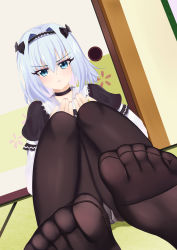 10s 1girl absurdres blue_eyes blue_hair bow choker feet foot_focus hair_bow hairband highres light_blue_hair looking_at_viewer no_shoes panties panties_under_pantyhose pantyhose pantyshot parted_lips pov ryuuou_no_oshigoto! soles sora_ginko toes underwear rating:Questionable score:12 user:ssfl
