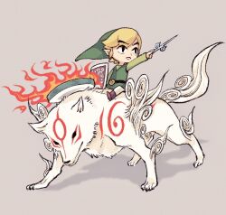  1boy amaterasu_(ookami) blonde_hair crossover full_body gari_osushi green_hat green_shirt grey_background hat holding holding_baton holding_shield link nintendo ookami_(game) pointy_hat shield shirt short_hair simple_background the_legend_of_zelda the_legend_of_zelda:_the_wind_waker toon_link white_wolf wind_waker_(object) 